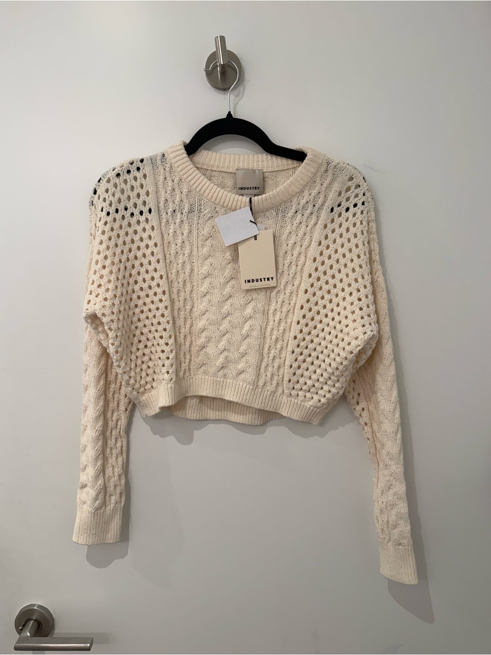 Industry Cropped Cable Knit Crewneck Sweater in Cream